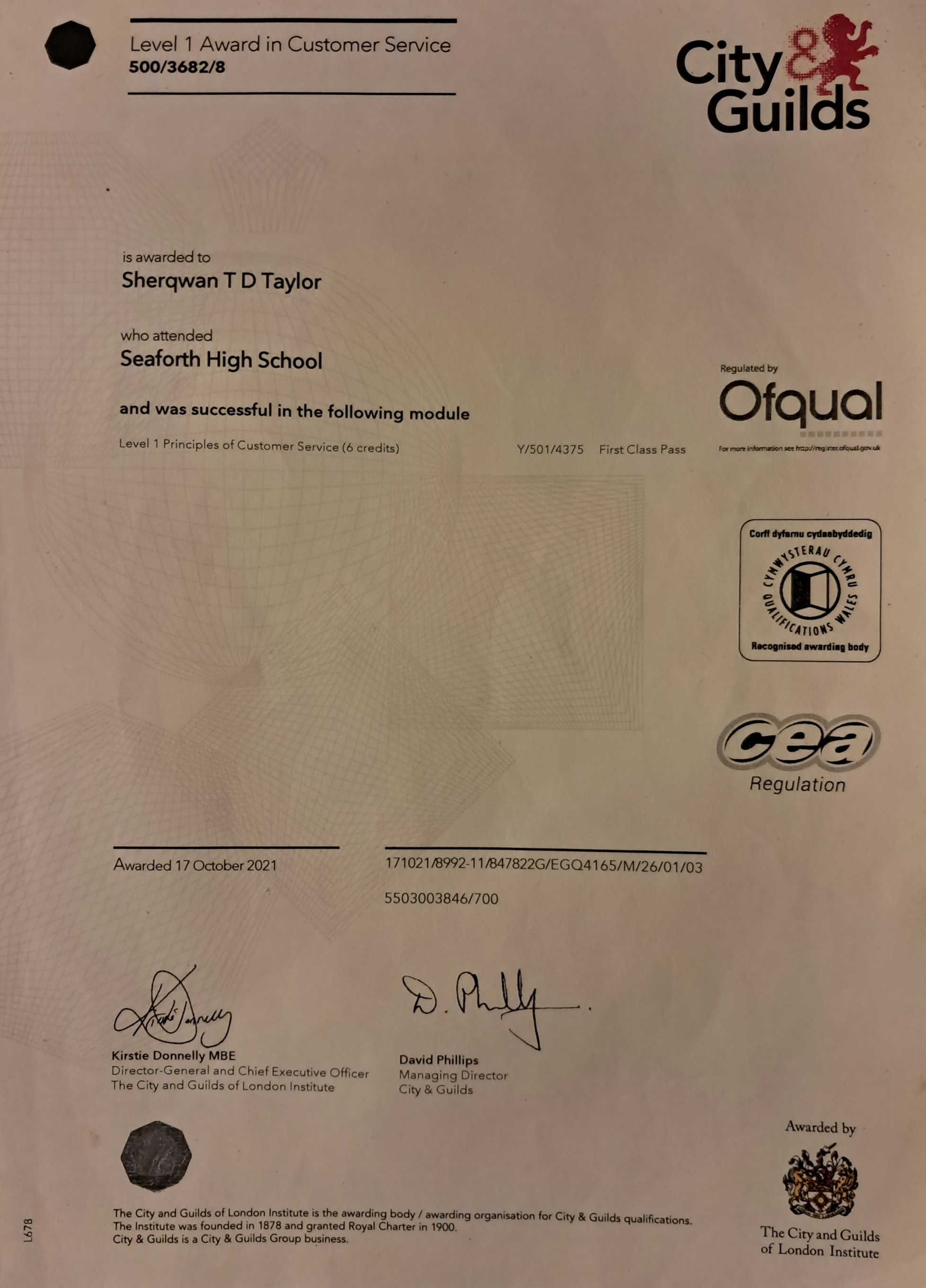 First Class Customer Service Certificate